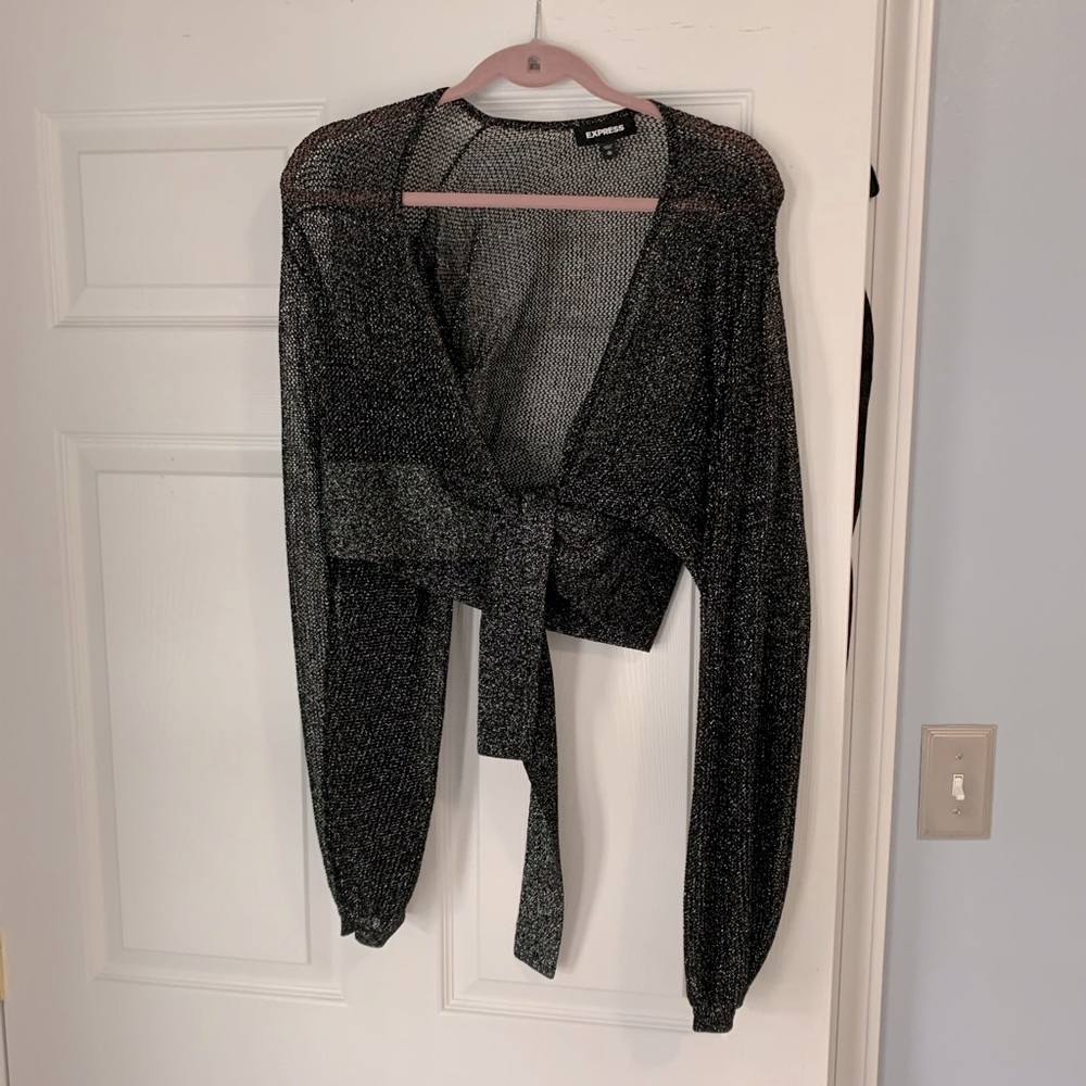 Cute shimmer crop tie sweater!